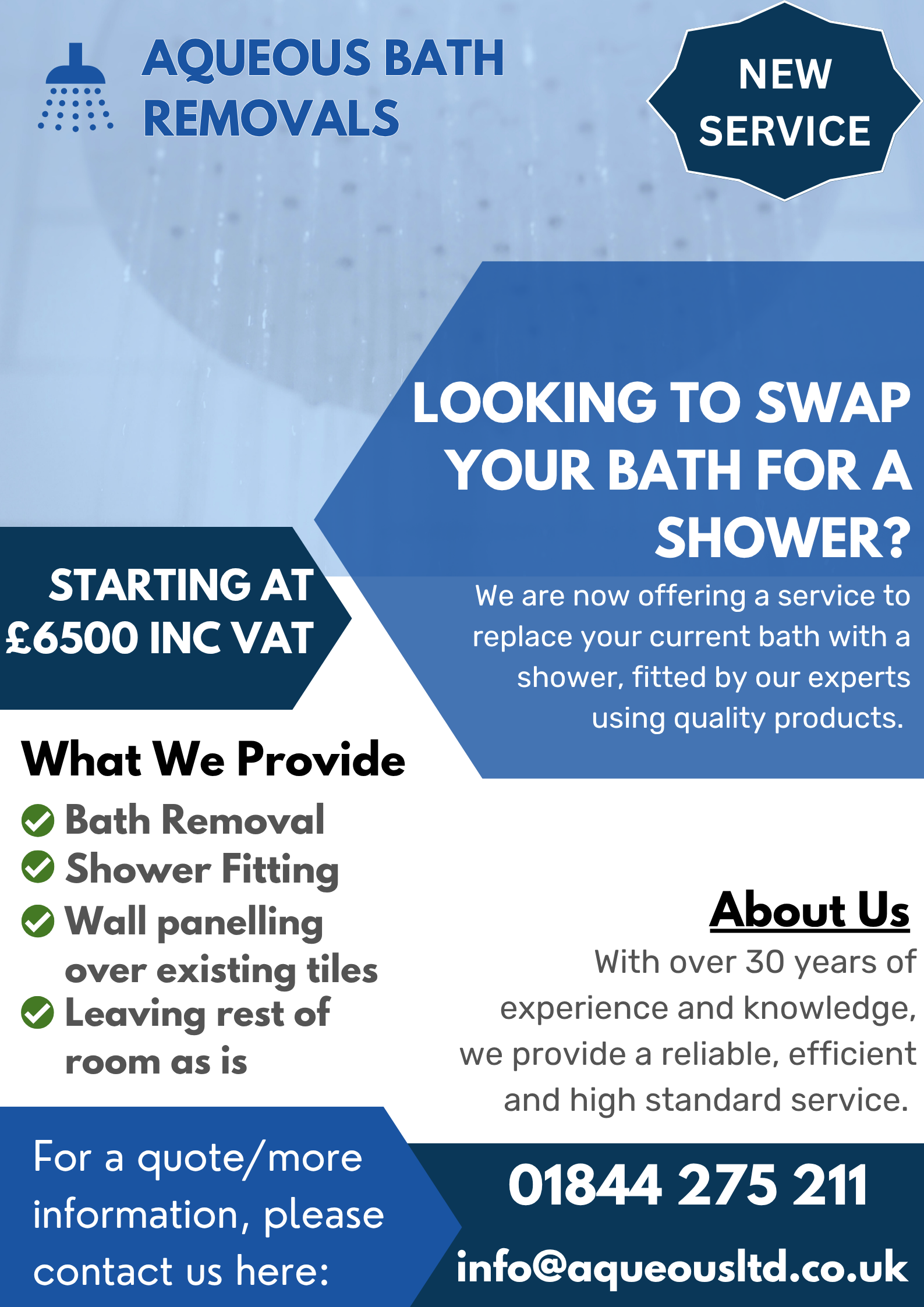 Poster for new service offered - bath removals and shower fitting